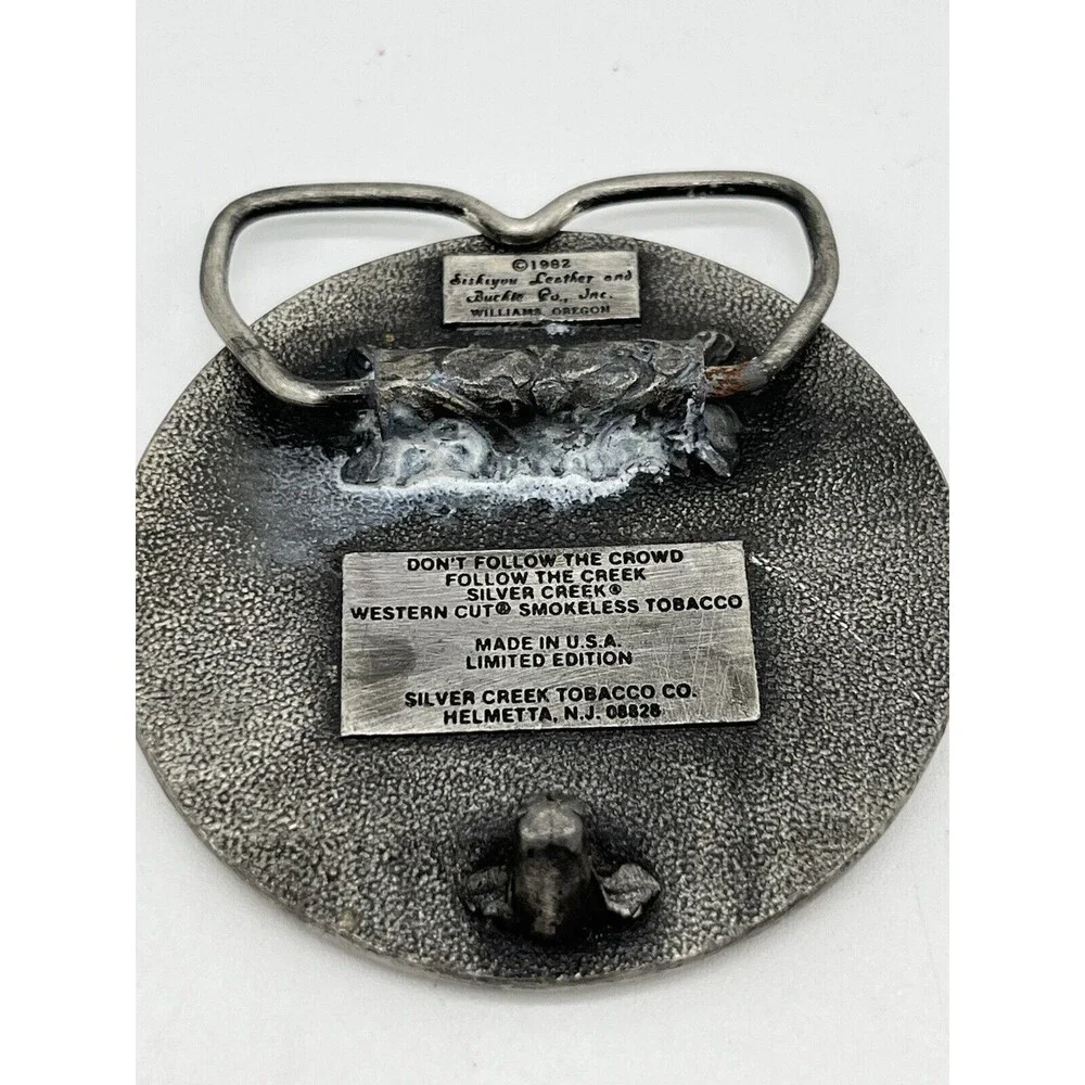 VINTAGE VTG 1982 SILVER CREEK WESTERN CUT SMOKELESS TOBACCO PEWTER BELT BUCKLE